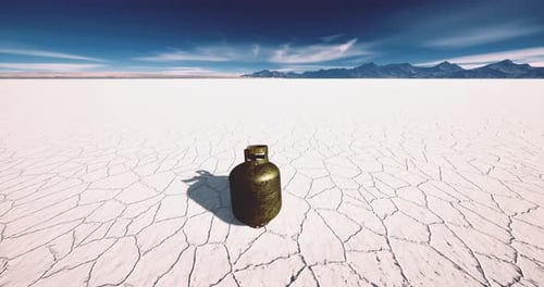 Gas Cylinder Resting Alone on Cracked Salt Flats Under a Clear Blue Sky