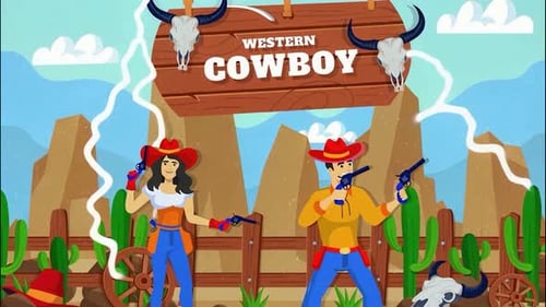 Cowboy & Cowgirl Holding Revolvers in Wild West Town - Cartoon Animations