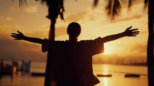 Unity of Person and Nature Woman Stretching Hands Against Sunset Above Sea Silhouette of Inspired