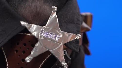 Dog wearing a sheriff costume badge on blue