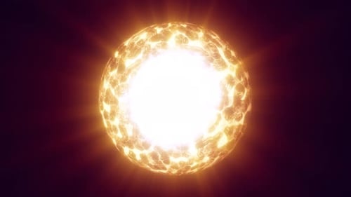 Brilliant solar sphere with blazing white center and fiery outer shell emitting powerful rays