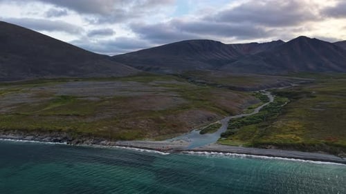 Aerial View Drift Along Remote Arctic Coast at Gilmimyl Chukotka Russia