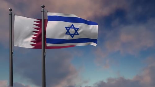 Waving Flags of Qatar and Israel Against Blue Sky