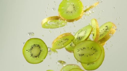 Green kiwi slices falling into water with bubbles. Citrus lemonade