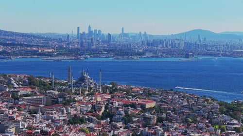 Morning Istanbul Turkey Türkiye aerial drone Bosphorus Strait river ferries boats the Golden Horn