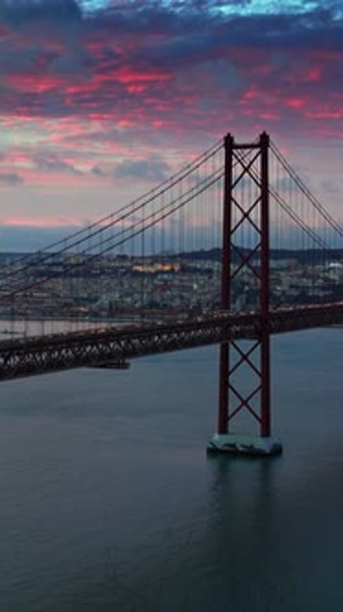 Bridge of 25Th April with Car Traffic After Sunset