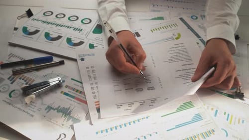 Busy Professional Reviewing Data Charts and Paperwork