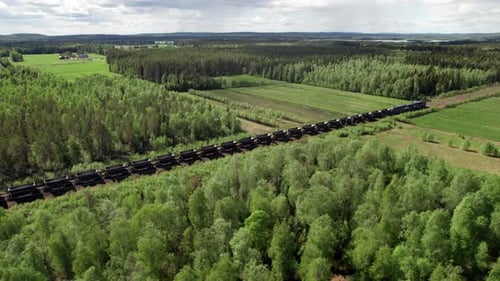 Drone View of Empty Swedish Freight Train, Cargo, Scandinavia, Kiruna, Luleå, Forest Landscape, Pass