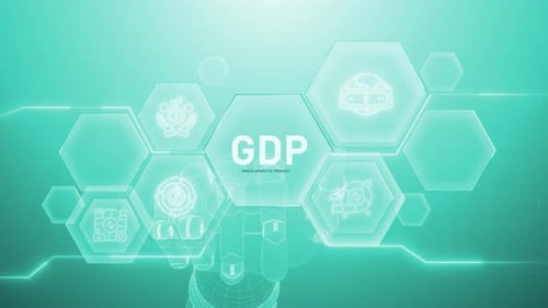 Futuristic Hand Interacting with Holographic GDP Business Data Display