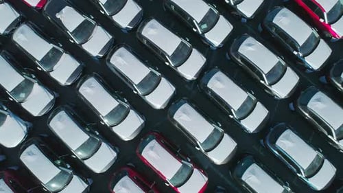 Aerial Top Down View of New Cars Parked in Car Parking Lot Car Dealer Parking Lot Full of New