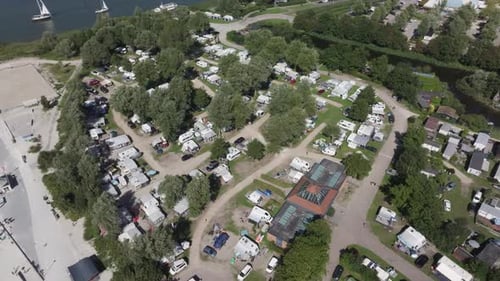 Aerial view of campsite with camper vans and caravans, Friesland, Netherlands