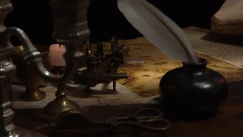 Antique Writing Desk with Quill and Candlelight