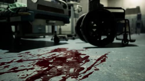 Blood Stained Floor in a Dimly Lit Hospital Room with a Wheelchair Nearby