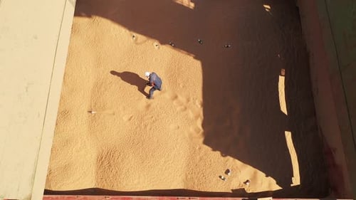 Worker Moving Grain in Ship Cargo Hold