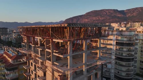 Aerial Video HighRise Building Under Construction on the Waterfront with Ocean Views