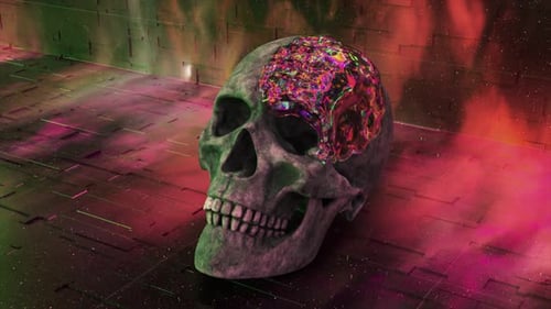 Surreal Iridescent Skull Transformation in Abstract Space