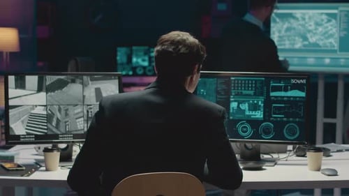 Rückansicht eines Cybersicherheitsingenieurs, der nachts CCTV-Kameras überwacht
