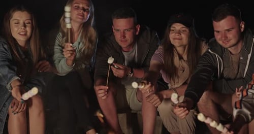 Friends Gather Around Campfire Roasting Marshmallows at Night