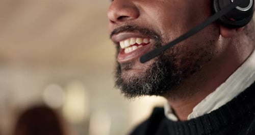 Mouth, call center and man talking on microphone for customer service, advice or crm