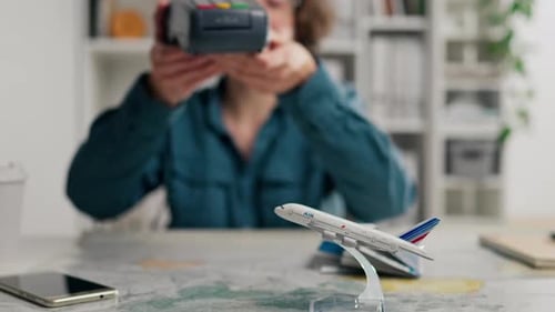 Consultant, Office Worker Relaxedly Giving Payment Terminal For Online Card Payment In Meeting