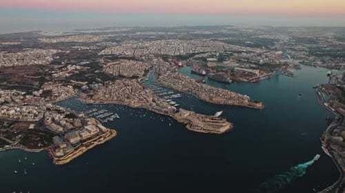 Aerial view of La Valletta downtown at sunset in Malta.