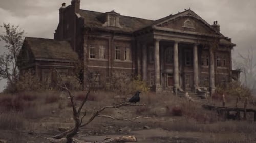 Abandoned Mansion with Crow in Desolate Environment