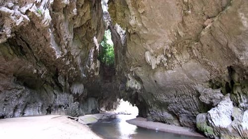 Nature Cave in an open space with water on the ground