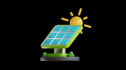 Animated 3D Solar Panel Icon with Sun for Renewable Energy