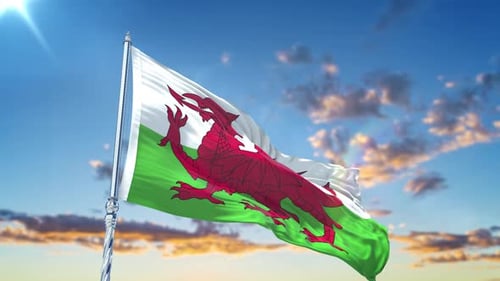 Wales Flag Waving Realistic With Sky