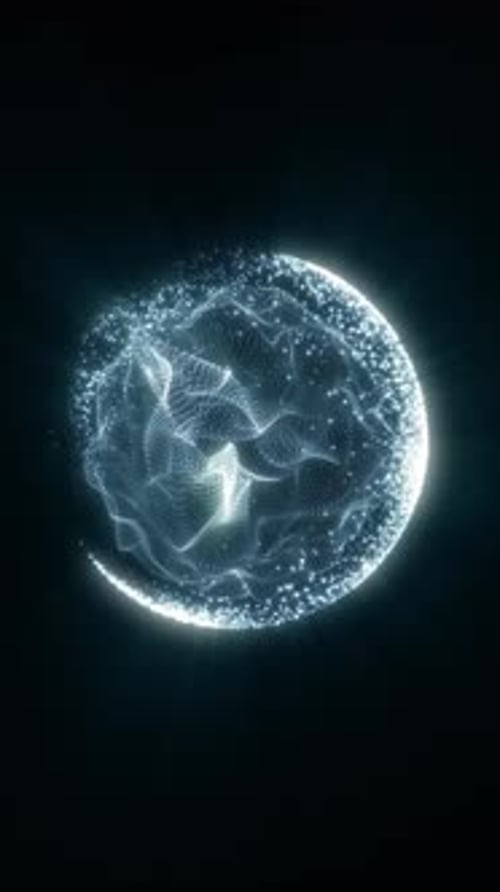 Sphère numérique blanche brillante composée de minuscules particules brillantes avec un fond dégradé bleu