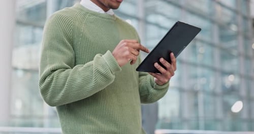 Tablet, office and business black man online for communication, networking and internet