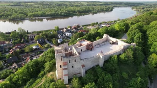 Castle in Kazimierz Dolny City. Full panorama view. Aerial Vistula river.