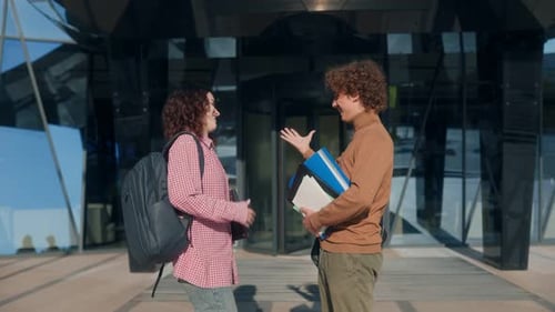Happy Students Meeting Casually Outside Modern University Campus Building