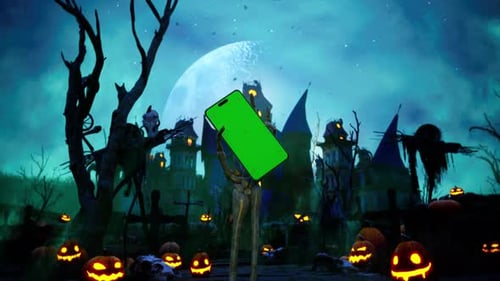 Skeleton Hand Rising Up Smartphone With Green Screen, Halloween