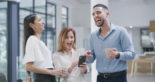 Happy business people, phone and laughing for funny joke, meme or social media together at office