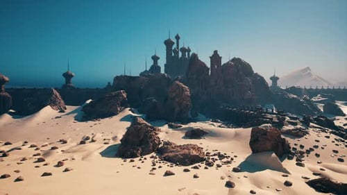 Mystische Wüstenlandschaft mit verwitterten Bauwerken und weit entfernten Türmen