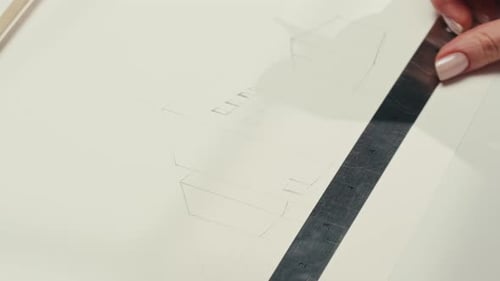 Young Woman Artist is Drawing Buildings By Pencil Using Ruler on White Paper The Designer or