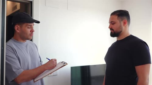 Man Taking Notes While Talking to Bearded Man Indoors