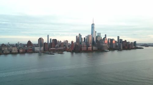 Aerial View of New York City Midtown Manhattan Skyline Panorama View Over Hudson River From Drone