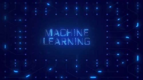 Machine Learning Word Text with neon circuit board design or computer semiconductor design