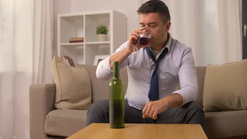 Man drinking red wine on couch