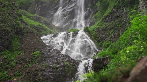 A Beautiful Tropical Waterfall Water From a Mountain River Falls Down the Stone Cascades Pure Water