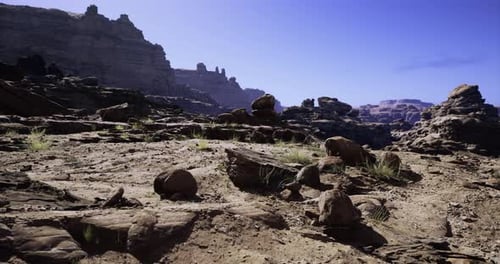 Desert Landscape with Rugged Rocks and Sparse Vegetation at Noon
