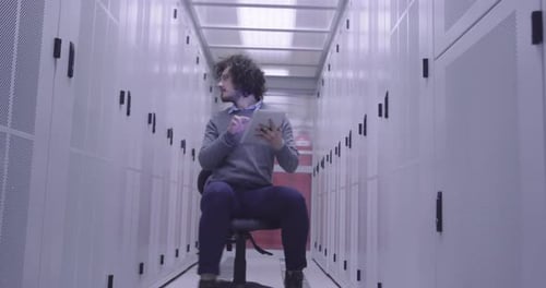 Ingénieur informatique ou spécialiste de la science des données travaillant sur une tablette dans une salle de serveurs dans un cloud moderne