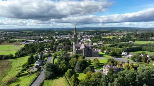 St. Cathedral, County Monaghan, Ireland, September 2022. Drone orbits counter clockwise showcasing t