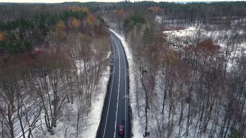 Few Passenger Cars Drives By Road in Winter Snowy Forest