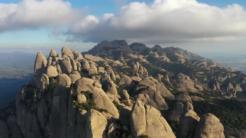 Aerial views of Montserrat peaks, a mountain range in Catalonia. Montserrat conglomerate crags