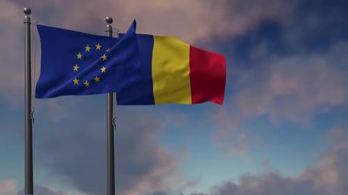 European Union and Chad Flag Waving in Wind