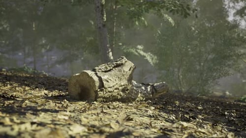 Tranquil Forest Landscape with Fallen Log Amidst Lush Greenery in Morning Light