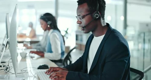 Business man, call center and typing on computer for communication, customer support